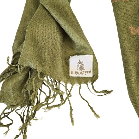 Pakistani NIDA AZWER ATELIER Scarf, Stole, Wrap 78 x 28 Green Gold Butterflies - Picture 4 of 12